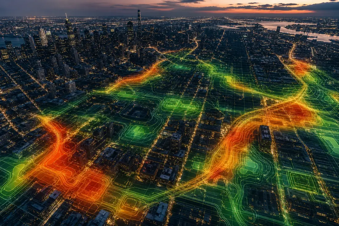 City at dusk with energy heatmap contours over the street grid.