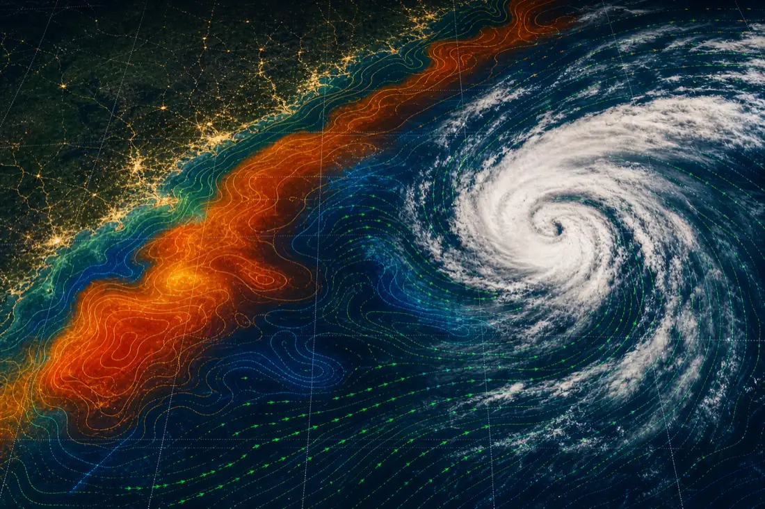 Satellite view of a coastal storm with anomaly contours and flow vectors.
