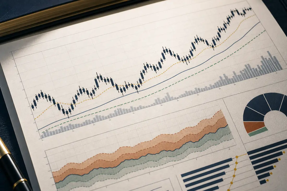 Printed financial analysis charts on paper with shaded risk bands.